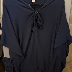 Michael Kors Navy Tie-Neck Blouse with Gold Accent